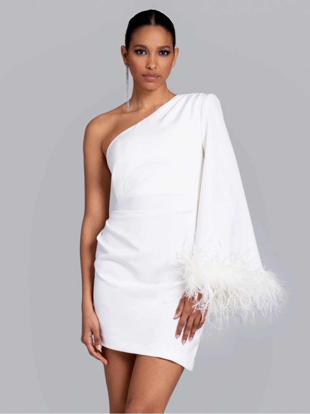 Ghrail Ellis Ivory Feather-Trim One-Shoulder Crepe Mini Dress Sz S MSRP $270 NEW - Picture 1 of 12